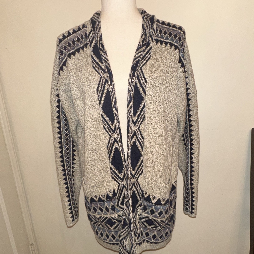 Lucky Brand Womens XL Beige/Blue Geometric Knit Open Front Cardigan Pockets BOHO